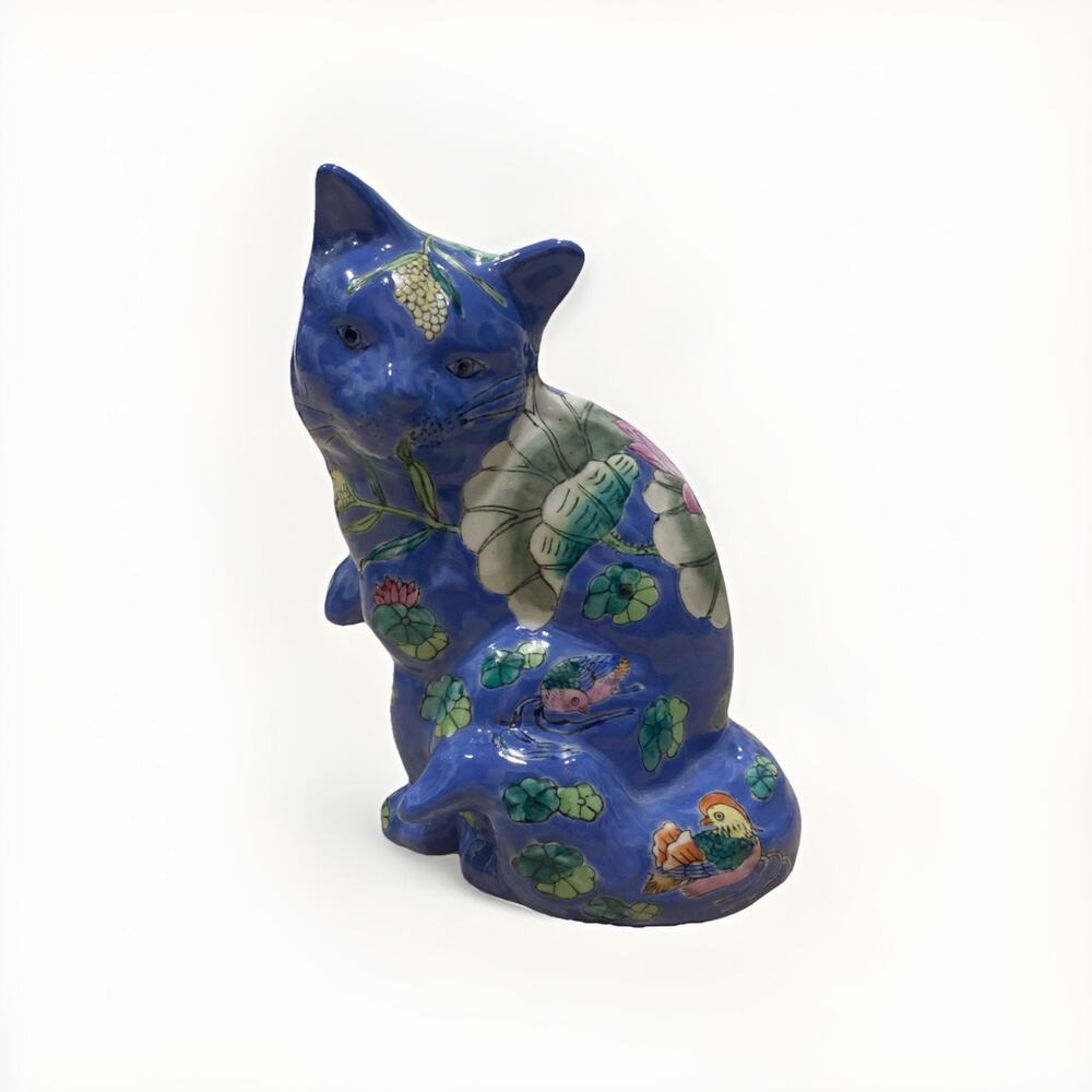 Vintage Blue Ceramic Decorative 8" Cat Figurine Lotus flower birds